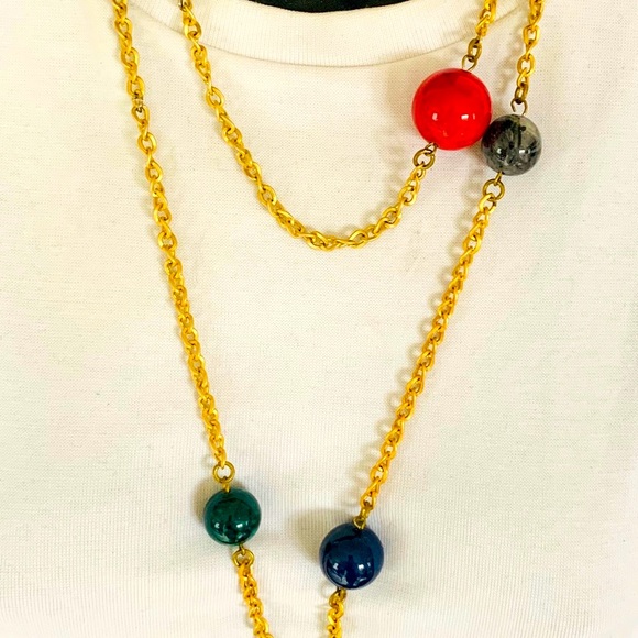 Gold tone chain necklace with bright colored balls - Picture 7 of 12